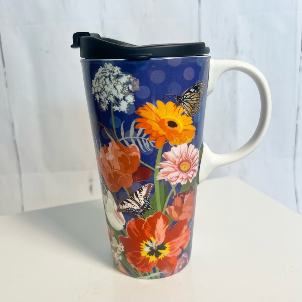 Evergreen Hand painted Blue and Floral Travel Mug